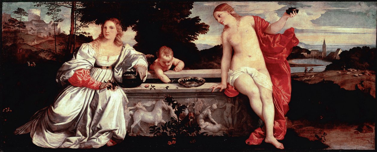 Tiziano Vecellion pyhä rakkaus ja maallinen rakkausmaalaus nimeltä Titian (1490-1576) noin 1515. Aurinko. 118x279 cm Rooma, Galleria Borghese - Pyhä ja profaani rakkaus - Tiziano Vecellion maalaus, nimeltään Tizian (n. 1488-1576), öljy kankaalle, n. 1515 ( tekijältä Tiziano Vecelli