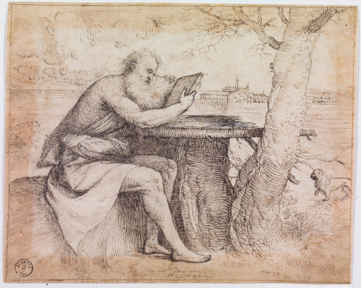 Pyhä Hieronymus maisemassa (tussi ja muste paperille) tekijältä Titian (c.1488 1576)