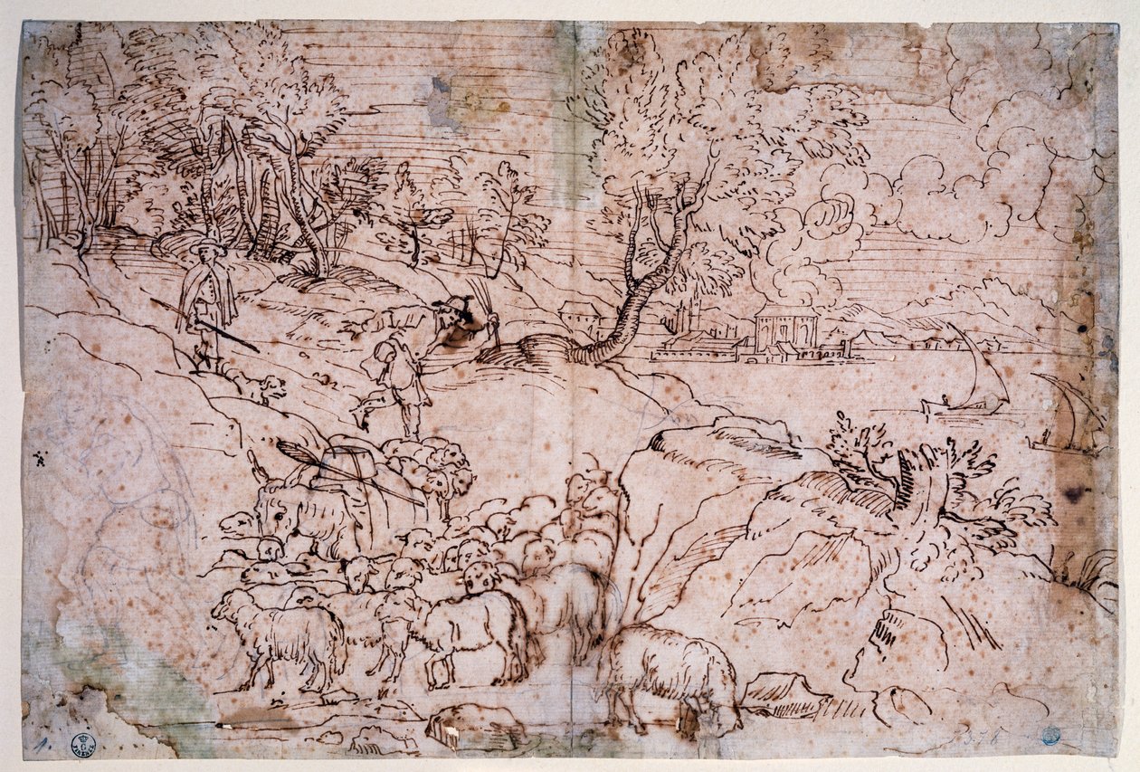 Maiseman tutkimus lampaiden kanssa tekijältä Titian (c.1488 1576)