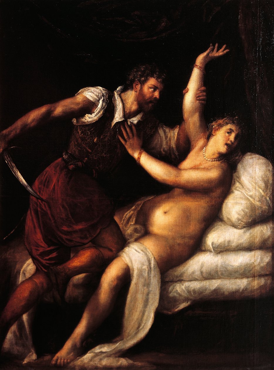 Tarquinius ja Lucretia, kirjoittanut Titian (n. 1490-1576), öljy paneelille, 84x68 cm tekijältä Titian (c.1488 1576)