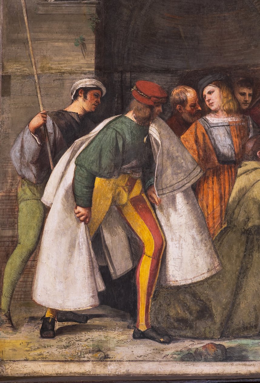 Vauva julistamassa äidin viattomuutta, Pohjoinen muuri, Pyhän koulu, yksityiskohta 2195188 ja 2195385 tekijältä Titian (c.1488 1576)