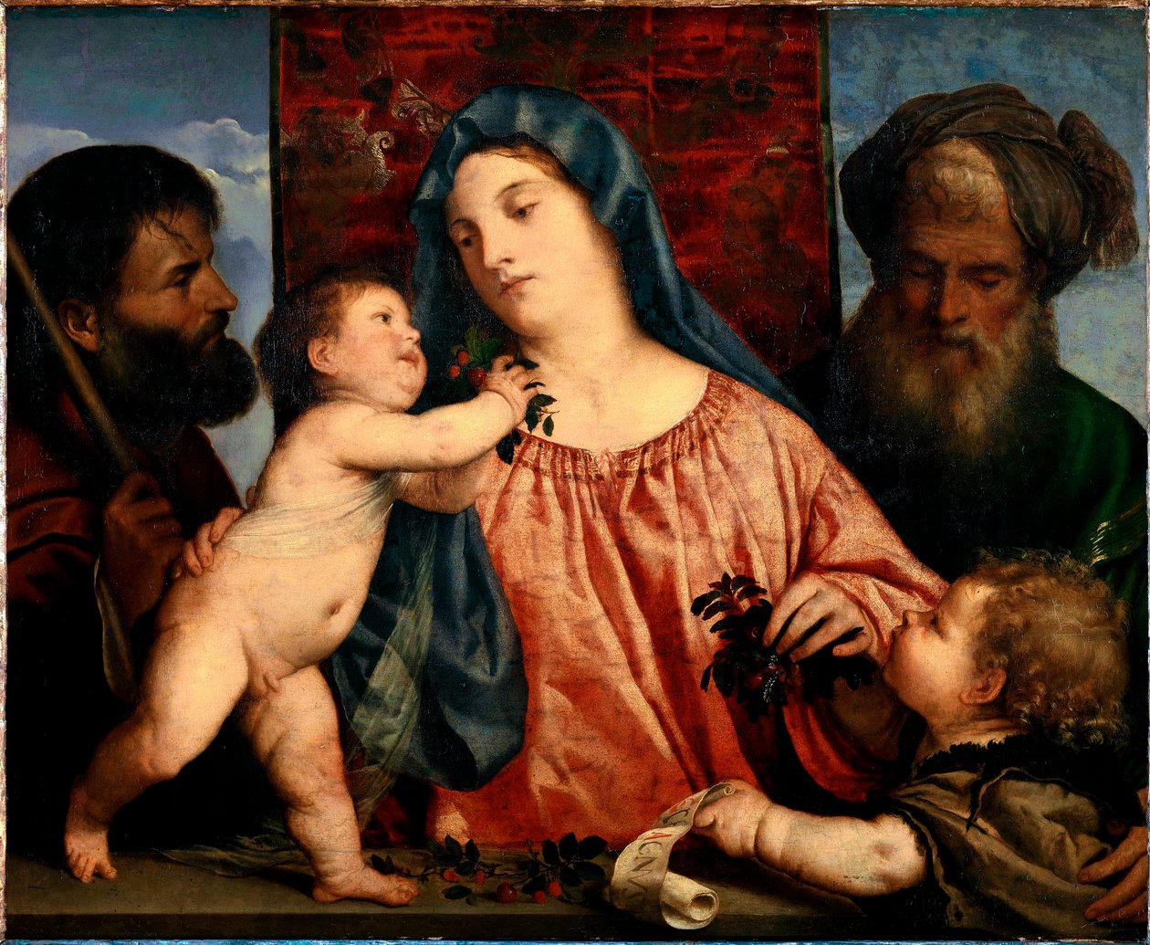 Kirsikoiden Madonna Pyhät Joseph, Sakarja ja Johannes Kastaja ympäröivät Mariaa ja lasta. Tiziano Vecellion maalaus nimeltä Tizian (n. 1490-1576) 1515-1520 Sun. 81x99,5 cm Wien, Kunsthistorisches Museum, Itävalta tekijältä Tiziano Vecelli