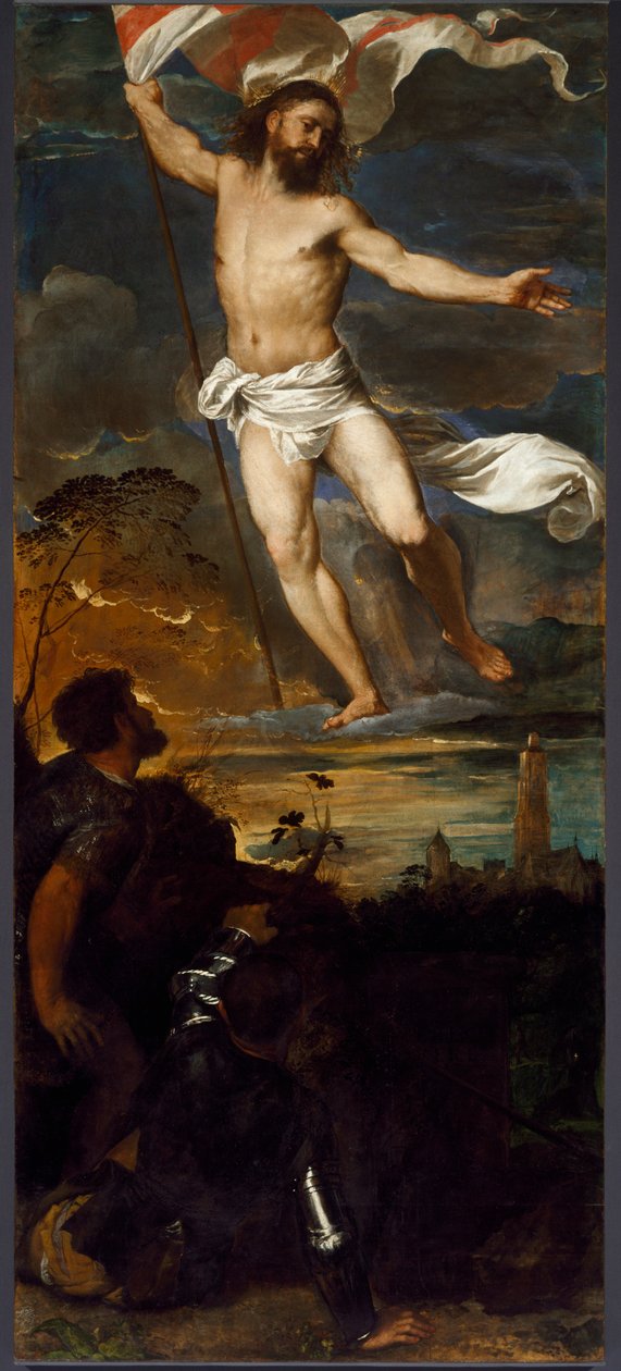 Polyptyykki Averoldin keskipaneelin ylösnousemus. Tiziano Vecellion maalaus puulle nimeltä Titian (n. 1490-1576) 1500-luvun Brescia, Pyhien Nazzaron ja Celson kirkko tekijältä Tiziano Vecelli