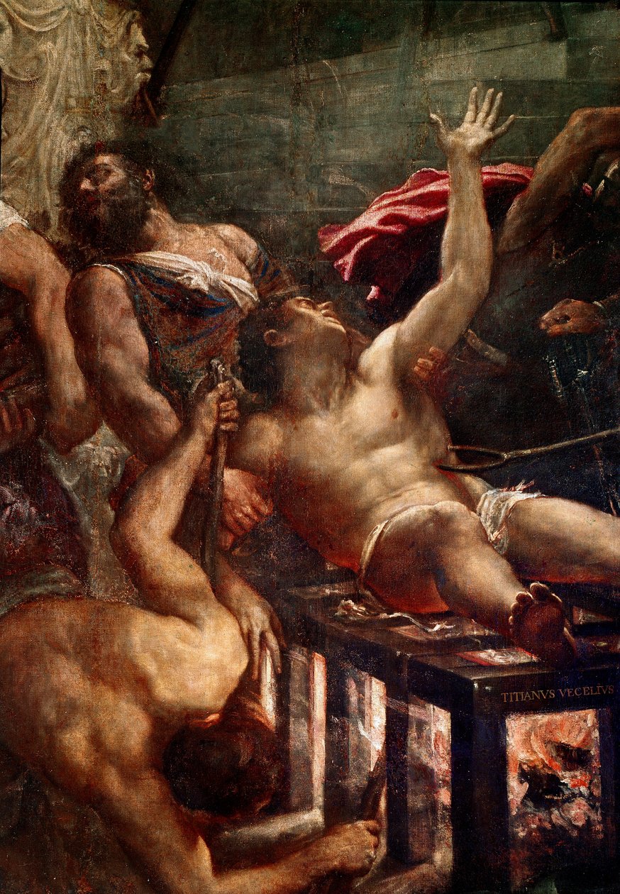 Saint Laurentin marttyyrikuolema Saint Laurentin anominen grillissä vuonna 258 Roomassa. Yksityiskohta. Tiziano Vecellion maalaus nimeltä Tizian (n. 1490-1576) 1548-1559 aurinko. 500x280 cm Venetsia, Jesuiiittien kirkko tekijältä Titian (c.1488 1576)