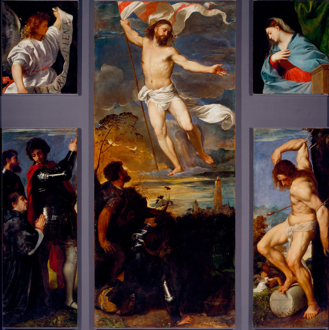 Ylösnousemus "" Neitsyt"" "" Pyhä Sebastian""" ja sponsorit. Averoldin polyptyykin paneelit. Tiziano Vecellion maalaus puulle nimeltä Titian (n. 1490-1576) 1500-luvun Brescia, Pyhien Nazzaron ja Celson kirkko tekijältä Titian (c.1488 1576)