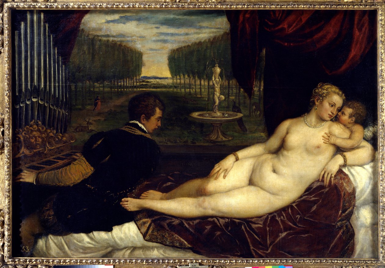 Tiziano Vecellion Venus, rakkaus ja musiikki maalaus nimeltä Tizian (1485-1576) tekijältä Titian (c.1488 1576)