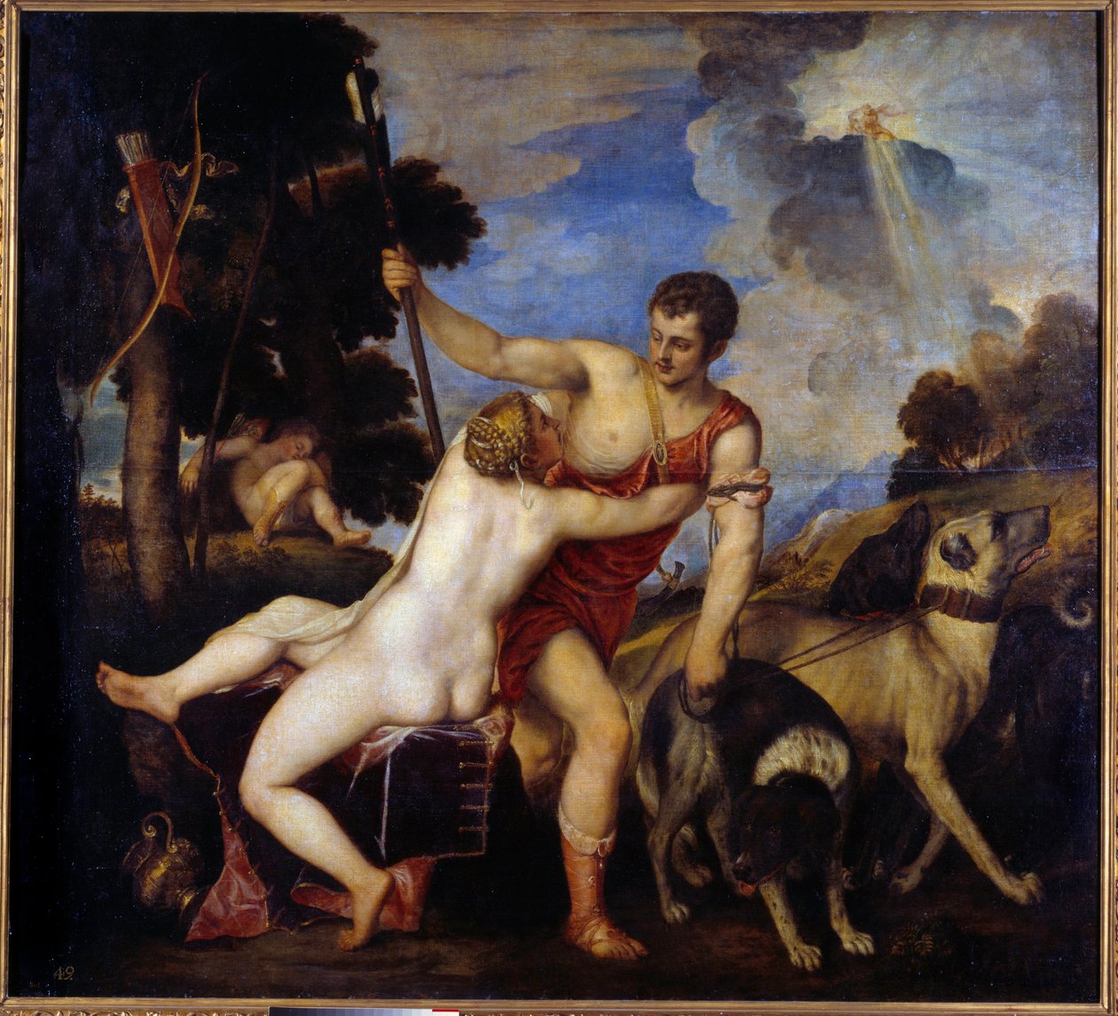 Venus ja Adonis. Tiziano Vecellion maalaus sanoi Tizian (1485-1576) tekijältä Tiziano Vecelli
