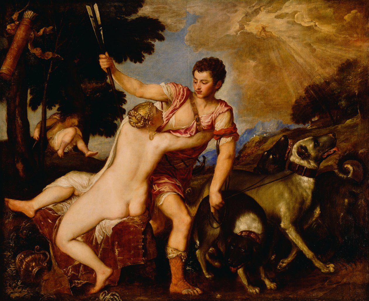 Venus ja Adonis, n. 1555-60 (öljy kankaalle) tekijältä Tiziano Vecelli