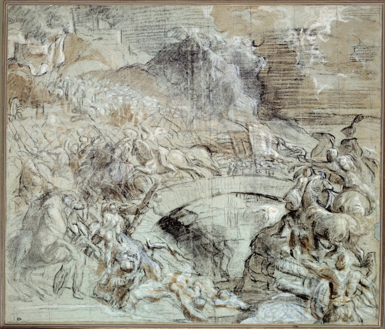 Italian sodat: "" Cadoren taistelu"" Taistele siitä, että noin vuonna 1508 Pieve di Cadoren kaupunki liittoutui venitsialaisten kanssa Maximilian I Habsburgin joukkojen kanssa. Tiziano vecellion (1485-1576) Tizianin piirustus mustalla kivellä ja pesu. 16 tekijältä Tiziano Vecelli