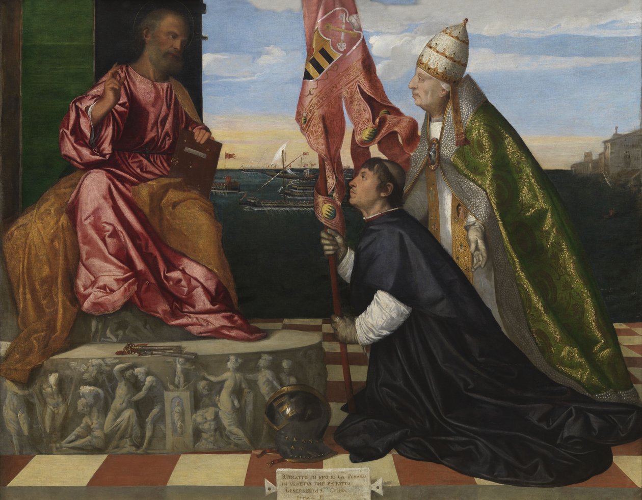 hollanniksi: Jacopo Pesaro, Pafoksen piispa, jonka paavi Aleksanteri VI Borgia esittelee Pyhälle Pietarille Jacopo Pesaro, Pafoksen piispa, jonka paavi Aleksanteri VI esittelee Pyhälle Pietarille tekijältä Titian