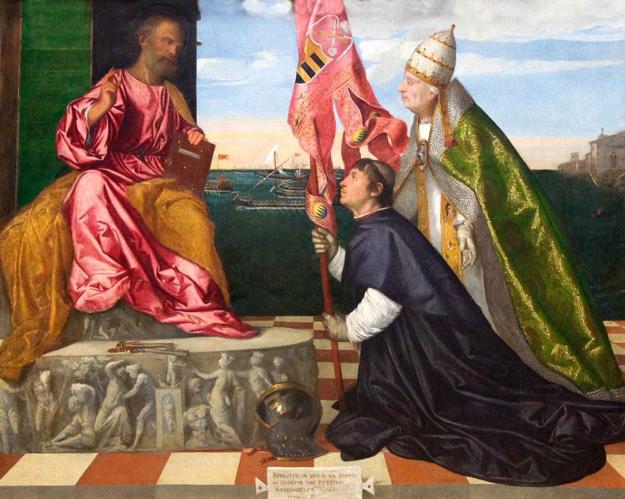 hollanniksi: Jacopo Pesaro, Pafoksen piispa, jonka paavi Aleksanteri VI Borgia esittelee Pyhälle Pietarille Jacopo Pesaro, Pafoksen piispa, jonka paavi Aleksanteri VI esittelee Pyhälle Pietarille tekijältä Titian
