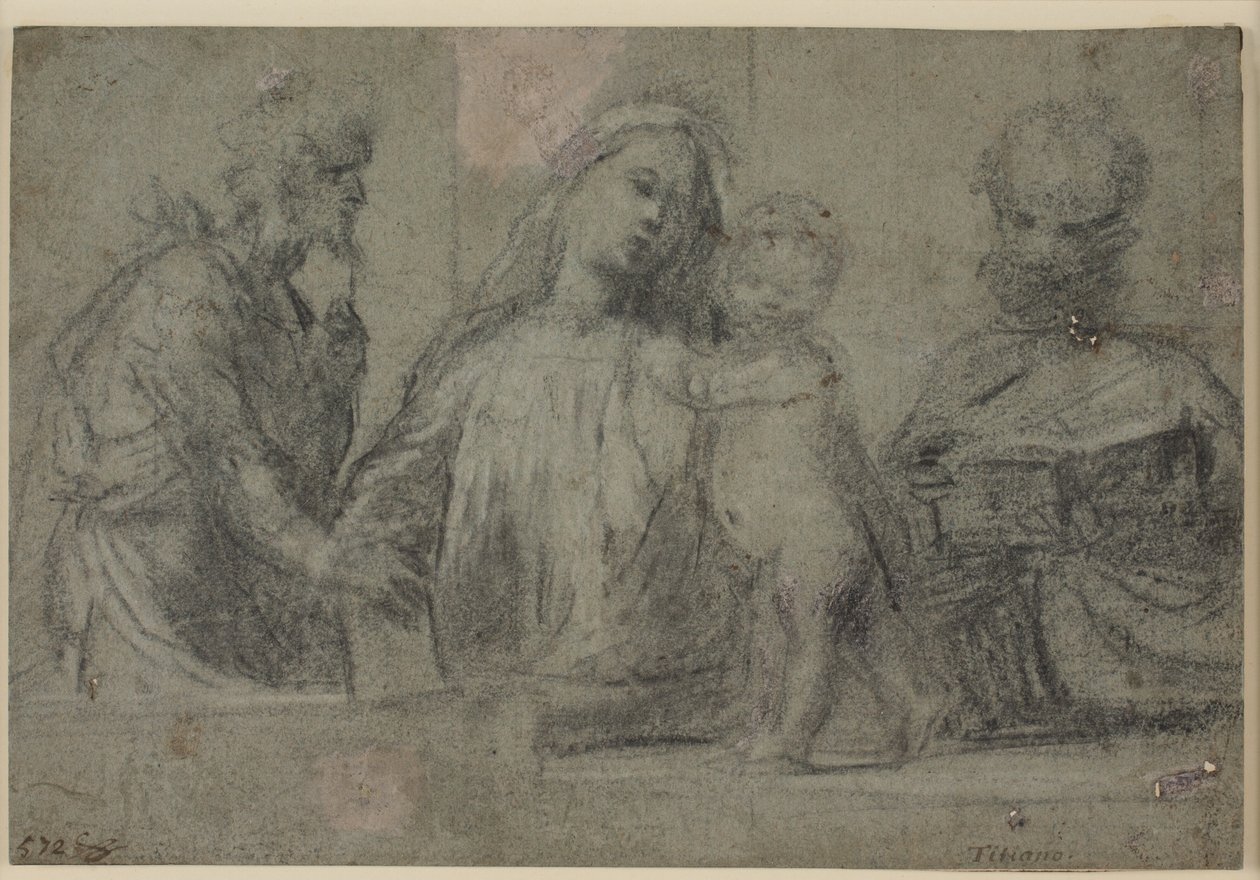 Puolipitkät Madonnan ja lapsen hahmot, joita reunustavat Pyhä Johannes Kastaja ja Pietari tekijältä Tizian