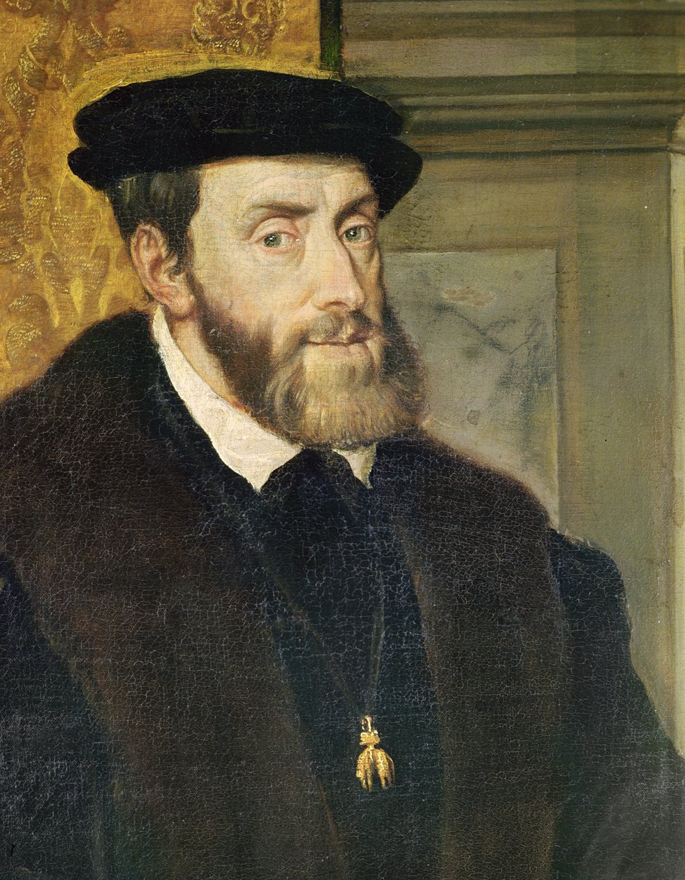 Yksityiskohta keisari Kaarle V:n (1488-1576) istuvasta muotokuvasta 1548 (katso 158620) tekijältä Tiziano Vecelli