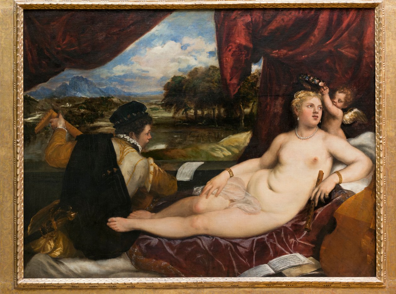 Venus ja Cupid luutunsoittimen kanssa, 1555-65 tekijältä Tiziano Vecelli