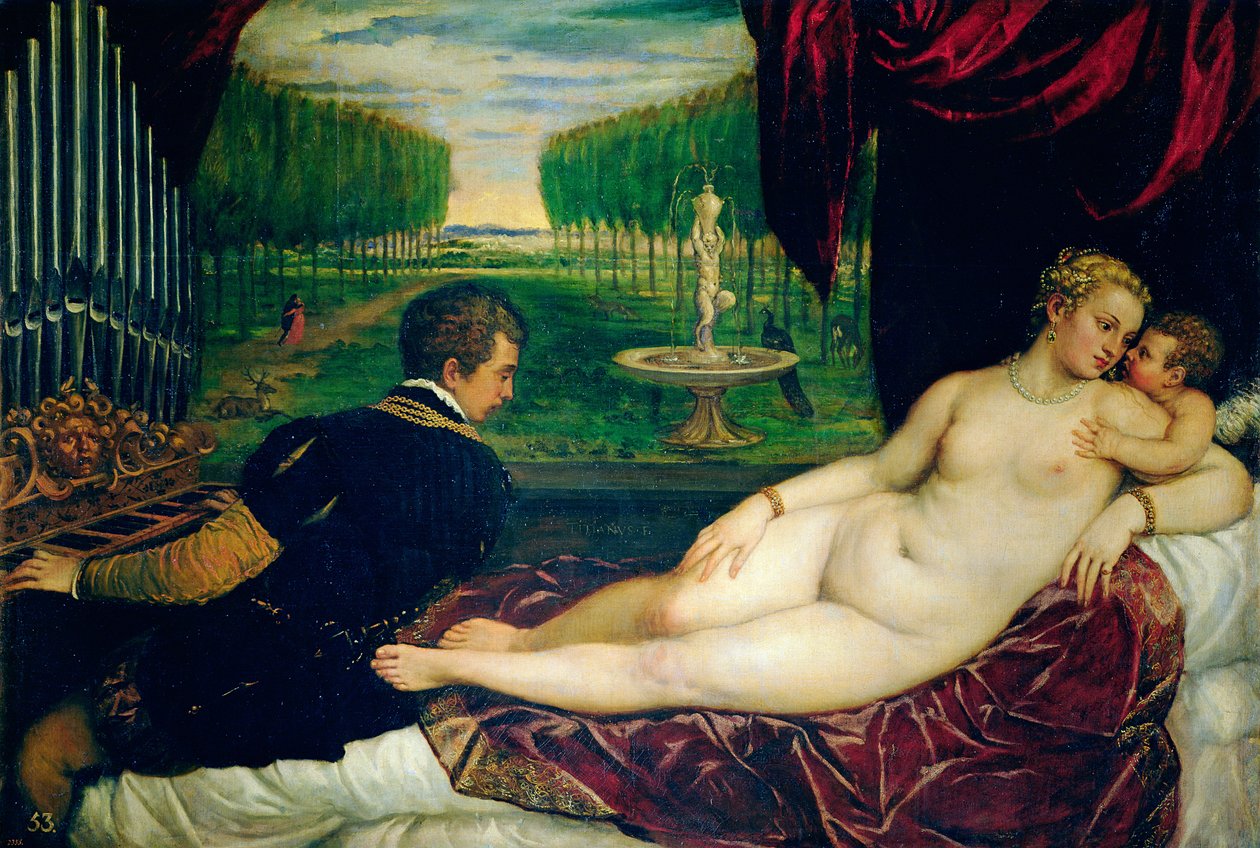 Venus urkurin ja Amorin kanssa, n. 1540-50 tekijältä Tiziano Vecelli