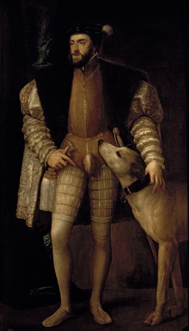 Kaarle V (1500-58) Pyhän Rooman keisari ja Espanjan kuningas koiransa kanssa, 1533 tekijältä Tiziano Vecelli