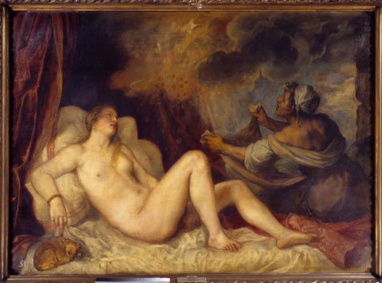 Kultasateen vastaanottava Danae Zeus tulee Danaeen vietelläkseen sen kultarahojen sateen muodossa. Tiziano Vecellion maalaus Tizian (1488-1576) 1553 Sun. 1,29 x 1,8 m Madrid, Prado-museo tekijältä Tiziano Vecelli