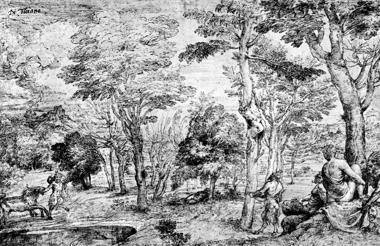 Maisema satyyrien kanssa, c1530-1540, 1937 tekijältä Tiziano Vecelli