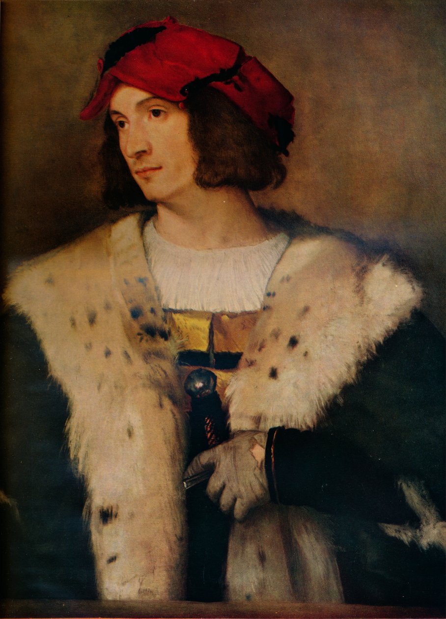 Mies punaisessa lippassa, c1510 tekijältä Tiziano Vecelli