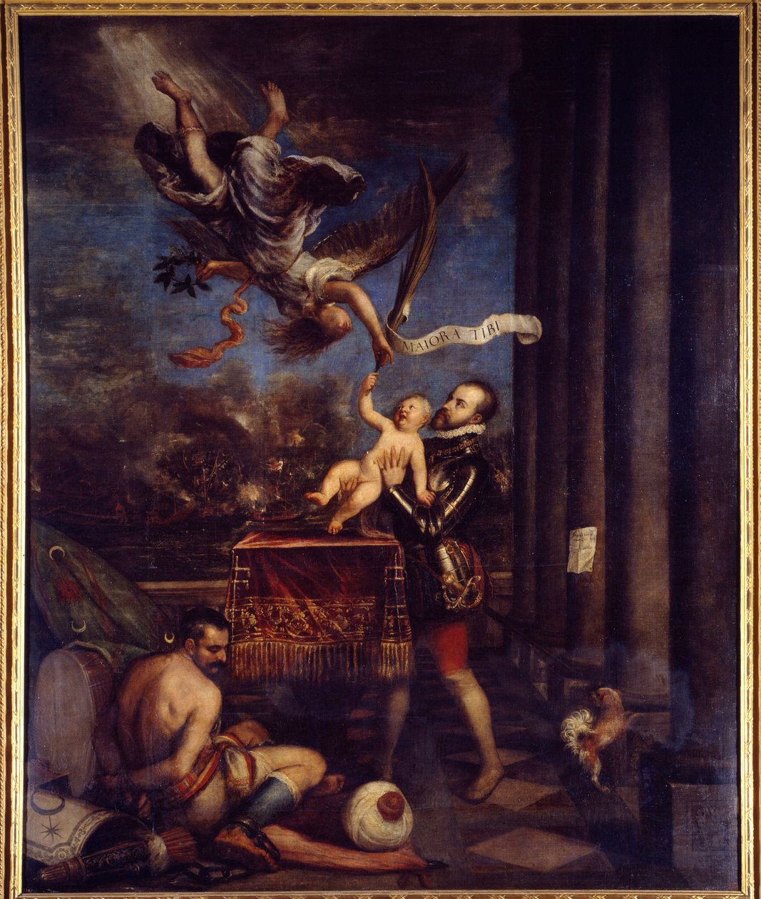Philip II Lepanten voiton jälkeen (1571) tarjosi taivaalle prinssi Don Ferdinandin. Tiziano Vecellion maalaus Tizian (1485-1576). Öljy kankaalle. Mitat: 3,35 x 2,74 m. Madrid, Prado-museo. tekijältä Tiziano Vecelli