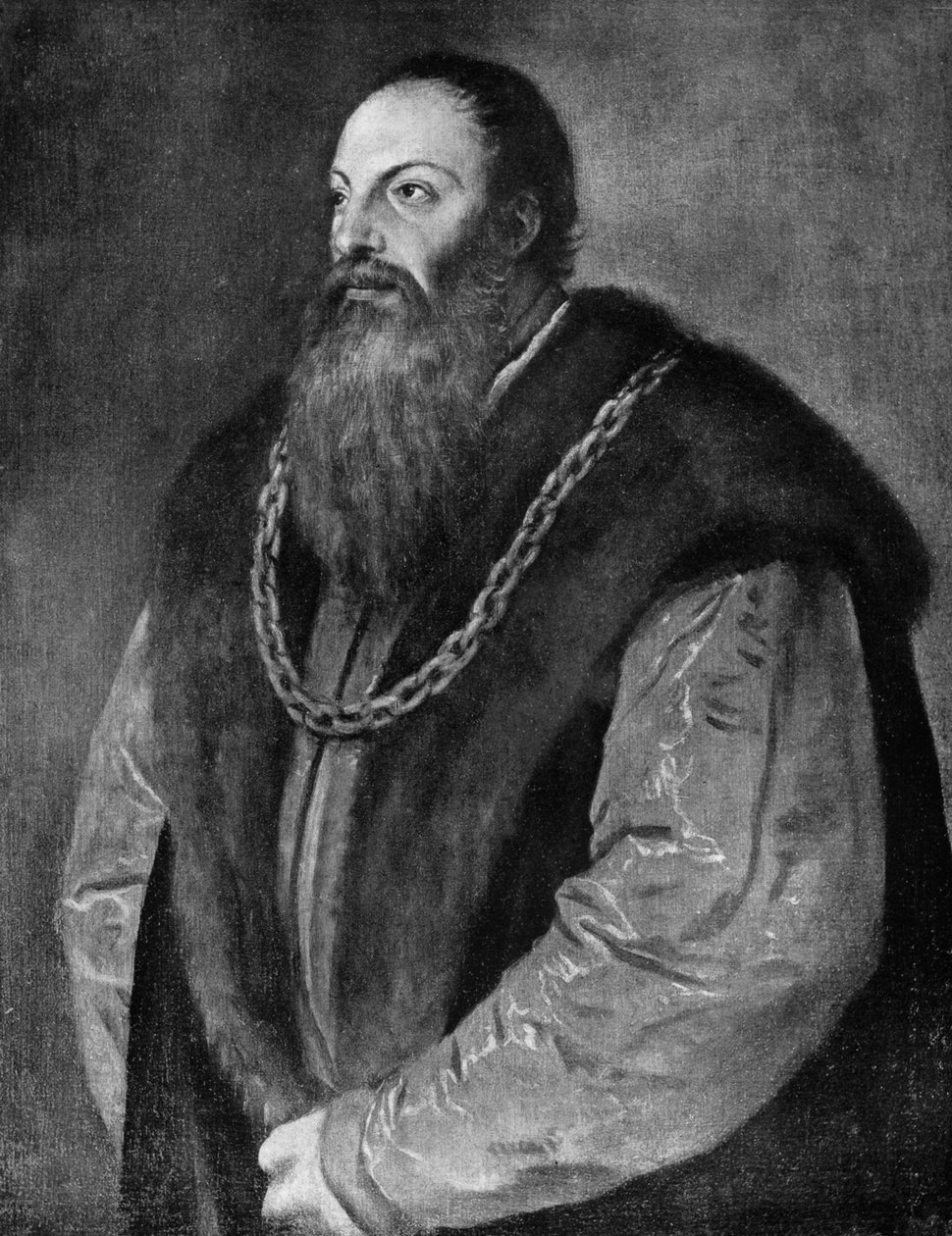 Pietro Aretino, italialainen kirjailija, näytelmäkirjailija, runoilija ja satiiri, c1548-1551 1912. tekijältä Tiziano Vecelli