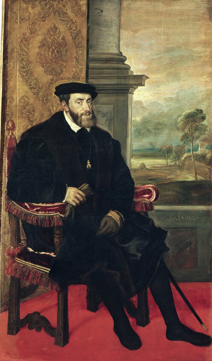 Istuva keisari Kaarle V:n muotokuva, 1548 tekijältä Tiziano Vecelli