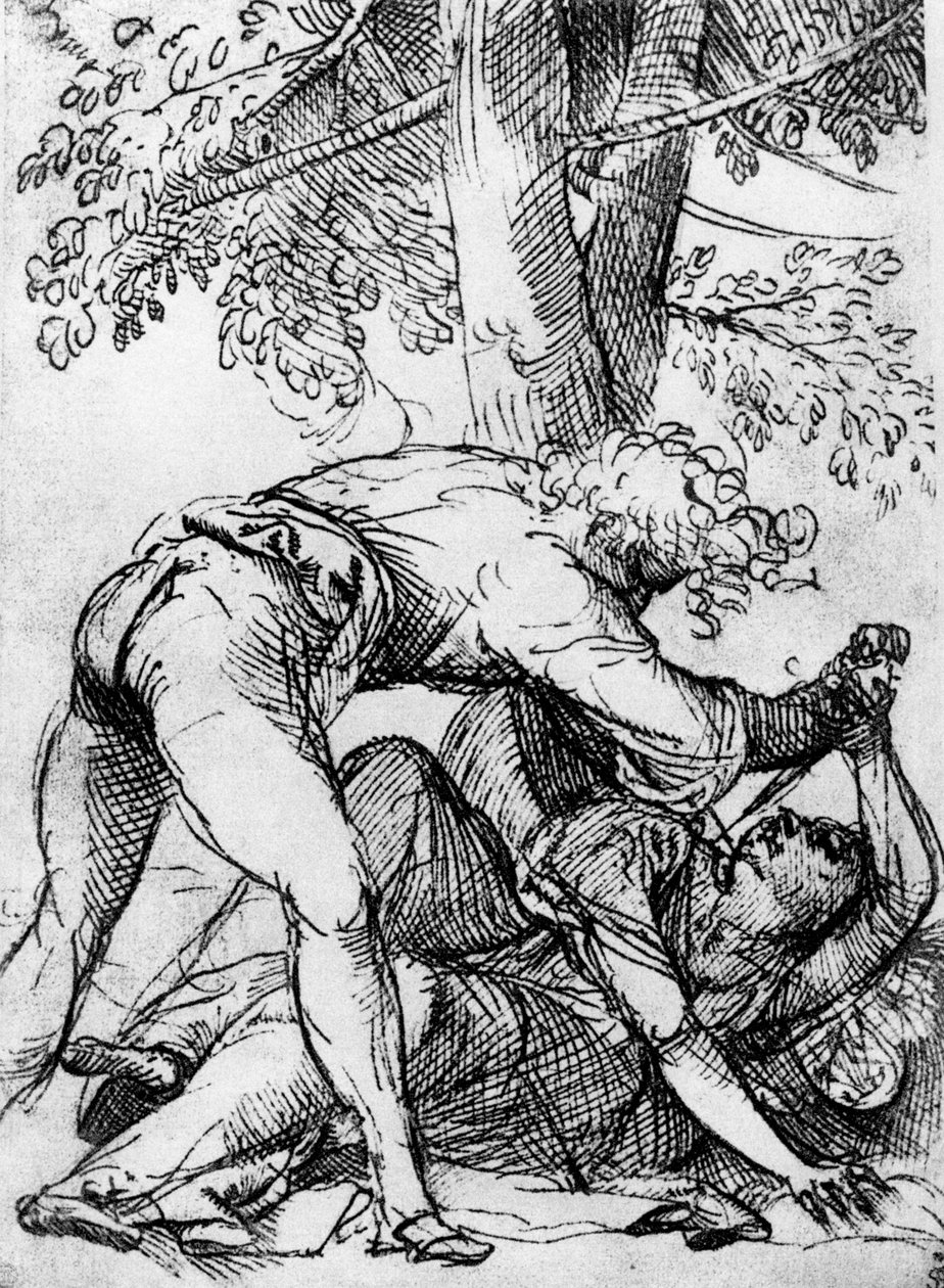 Luonnos mustasukkaiselle aviomiehelle Scuola del Santossa, c1510, 1937 tekijältä Tiziano Vecelli