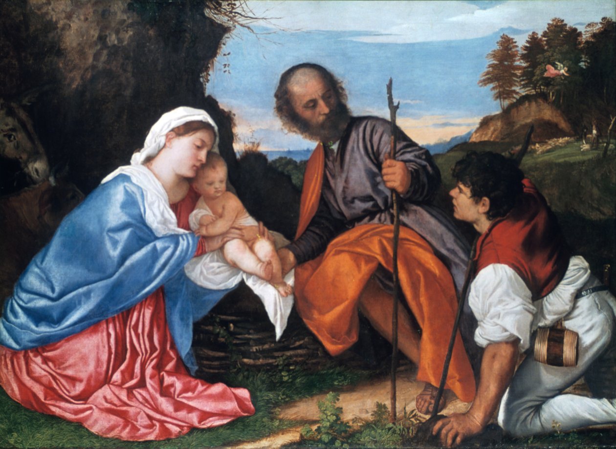 Pyhä perhe paimenen kanssa, c1510 tekijältä Tiziano Vecelli