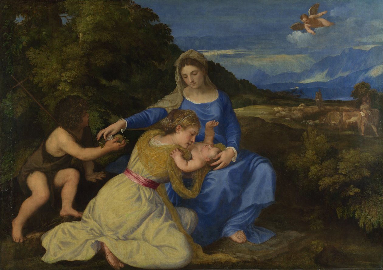 Neitsyt ja lapsi nuoren Pyhän Johannes Kastajan kanssa Aldobrandini Madonna, n. 1532 tekijältä Tiziano Vecelli
