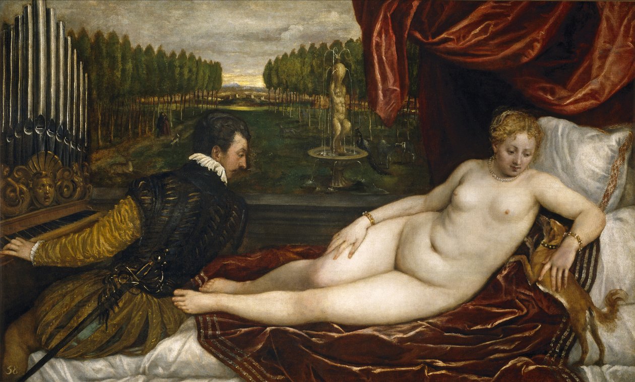 Venus, urkuri ja pieni koira tekijältä Tiziano Vecelli