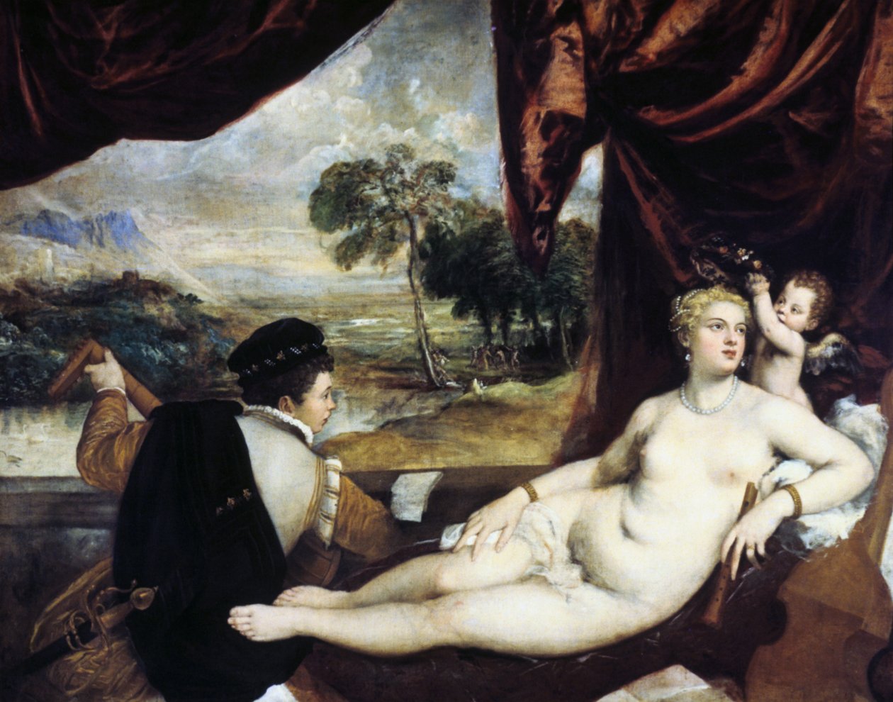 Venus ja luuttusoitin, c1565-1570 tekijältä Tiziano Vecelli