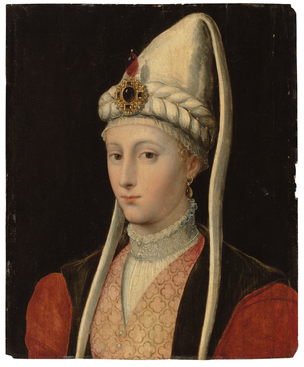 Naisen muotokuva, mahdollisesti Haseki Hürrem Sultan, nimeltään Roxelana, rintakuva, ottomaaniasussa, jalokivipäähine tekijältä Tiziano Vecelli