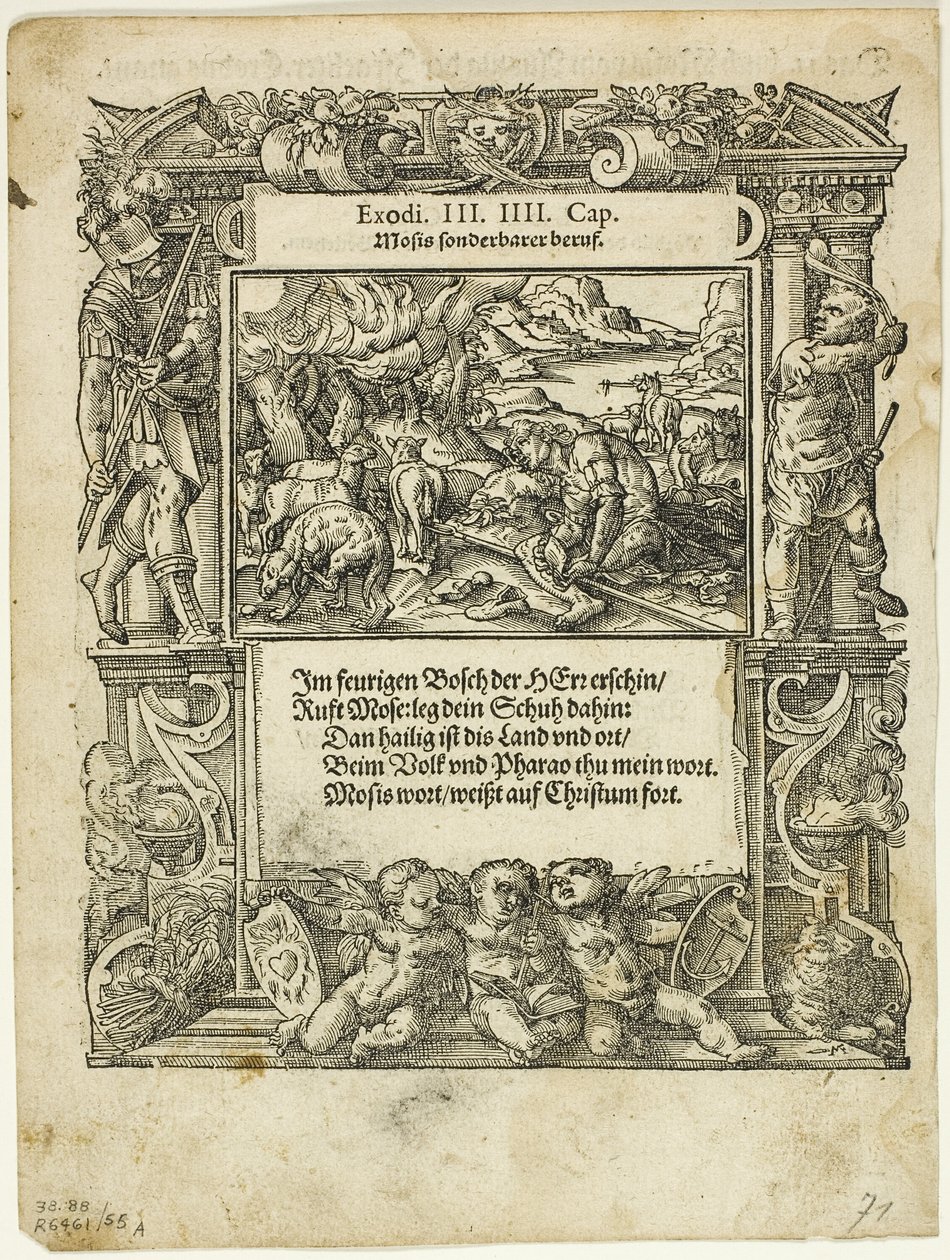 Mooses ja palava pensas (recto) ja Infant Mooses in the River (verso) Neue künstliche Figuren biblischer Historien, levy 55 puupiirrokset XVI vuosisadan kirjoista tekijältä Tobias Stimmer