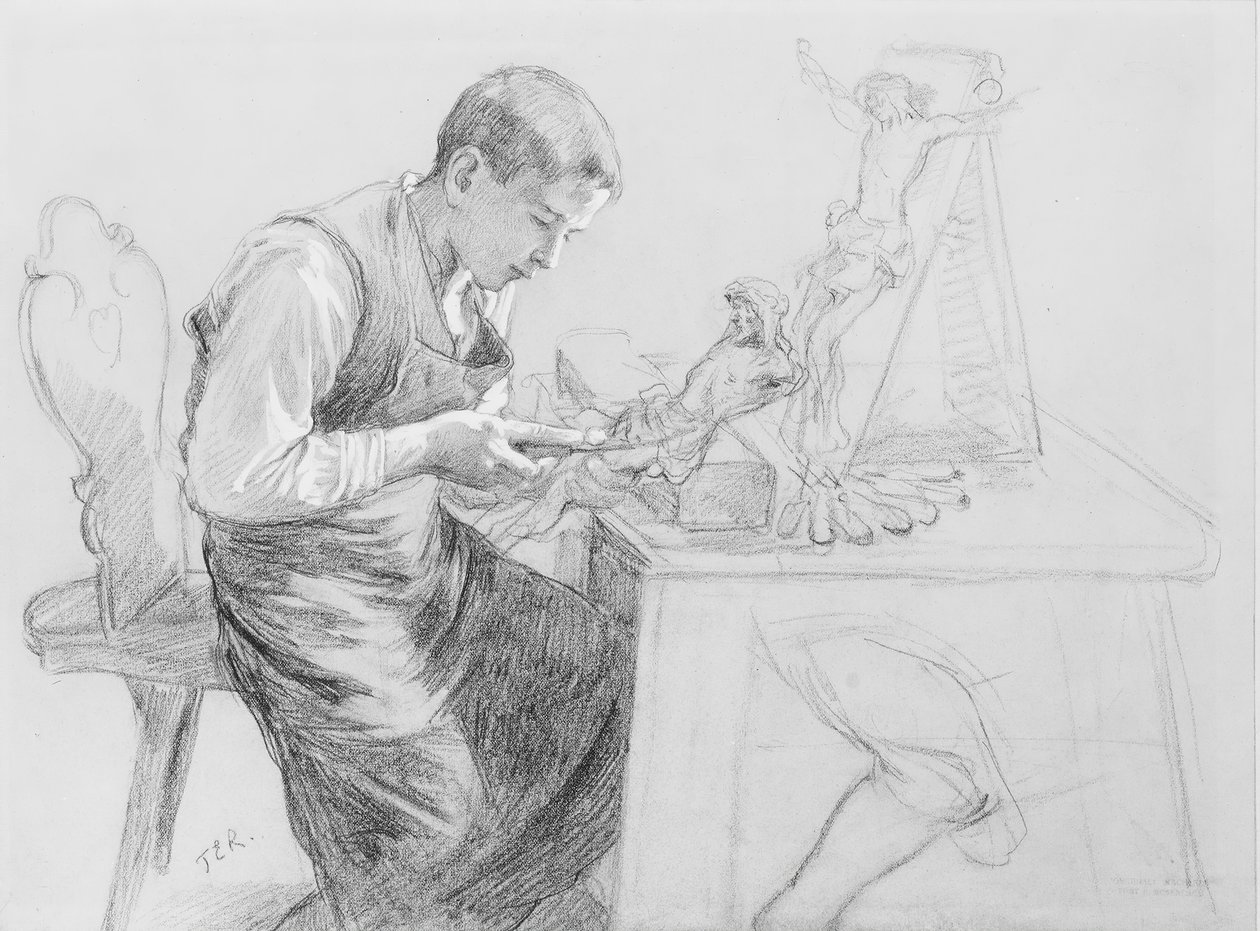 Tutkimus pojasta veistämällä krusifiksia, n. 1908. tekijältä Toby E Rosenthal