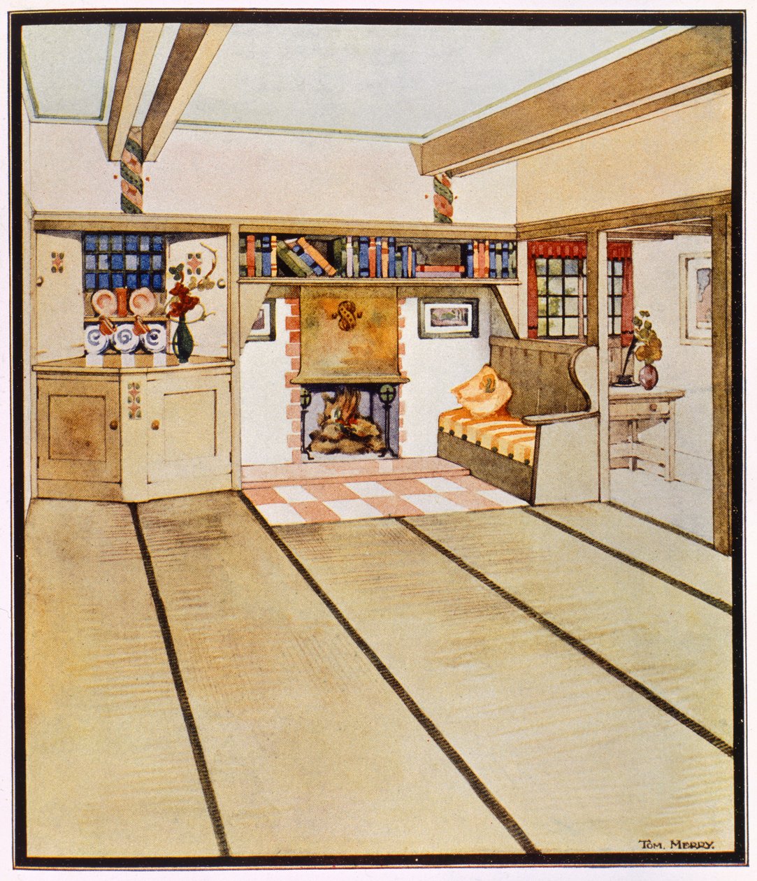 Olohuone, Arts and Crafts -tyyliin. Hyvää, Tom. Brittiläinen 1800-luku tekijältä Tom Merry