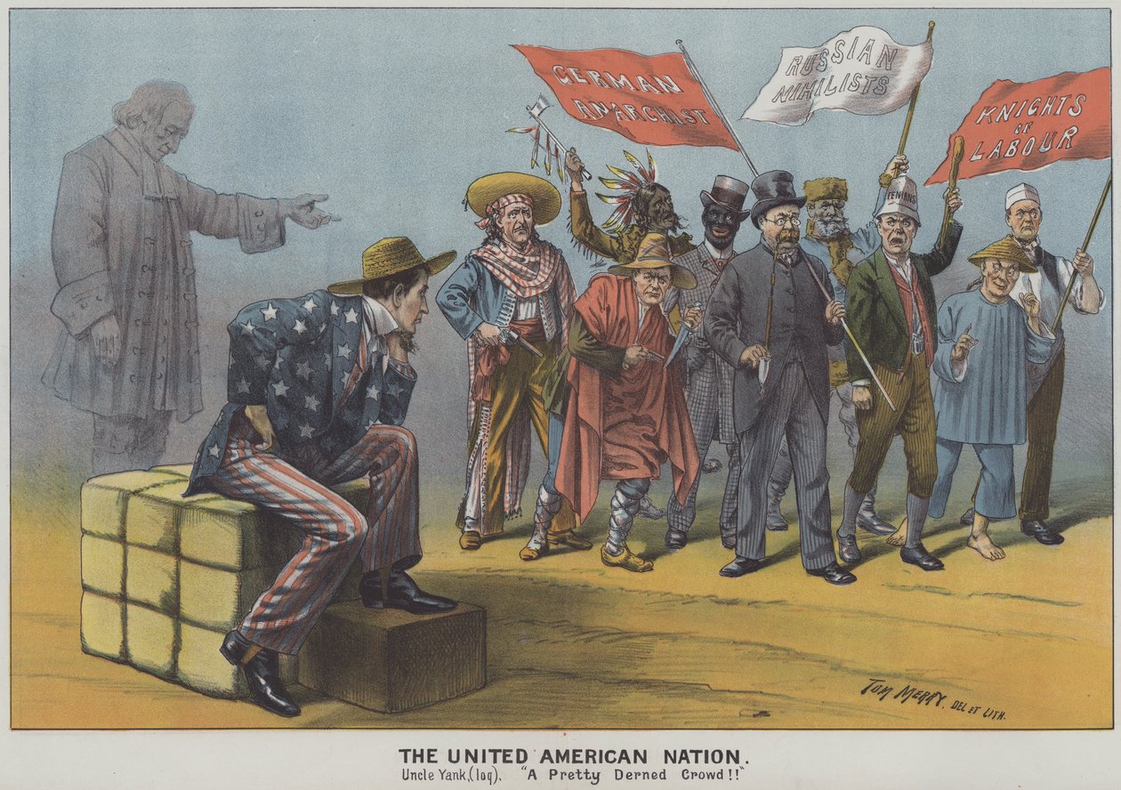 The United American Nation, satiiri maahanmuuttajien moninaisuudesta 1800-luvun amerikkalaisessa yhteiskunnassa (värilitro). tekijältä Tom Merry