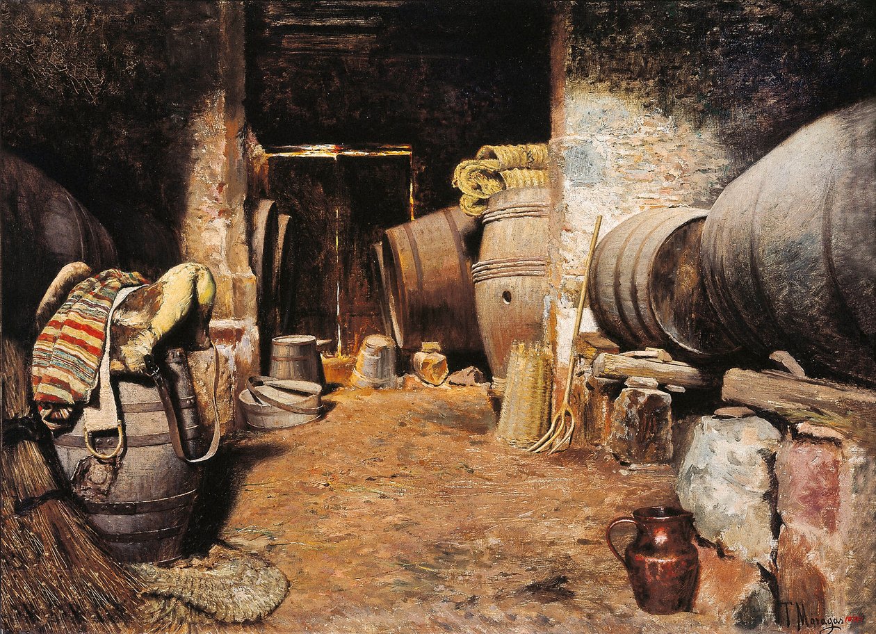 Solun sisäpuoli. Navetta tynnyreineen heinässä ja hevosen satulassa. Tomas Moragas Y Torrasin (1837-1906) maalaus, 1800-luvun loppu. Öljy kankaalle. Barcelona, Katalonian kansallinen taidemuseo. tekijältä Tomas Moragas y Torras