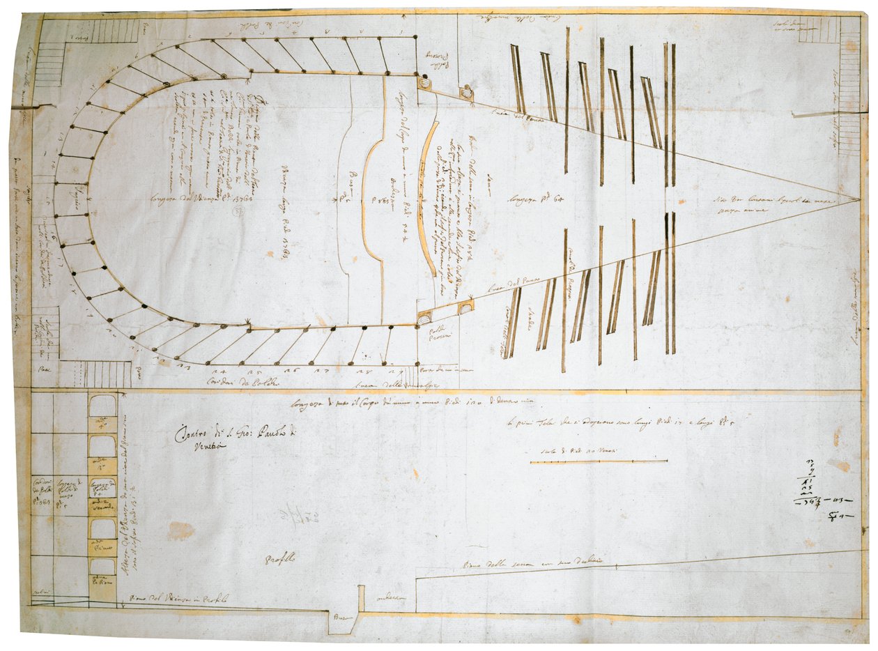 Pohjapiirros Venetsian Teatro Santi Giovanni e Paololle, suunnittelija Carlo Fontana, 1654 (muste paperilla) tekijältä Tomaso Bezzi