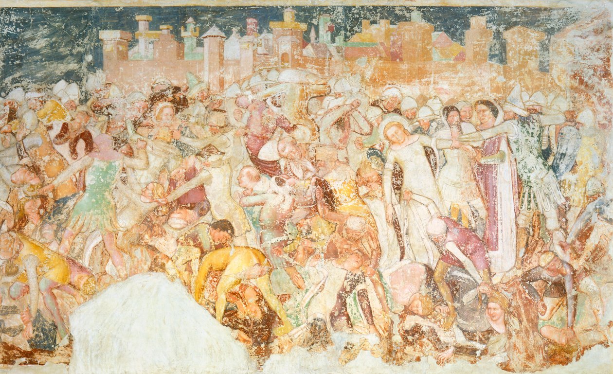 Marttyyrikuolema, yksityiskohta Tommaso da Modenan (1326-1379) Legend of St Ursulasta, fresko, yksityiskohta, Santa Caterinan kirkko, Treviso tekijältä Tomaso da (late 15th century) Modena