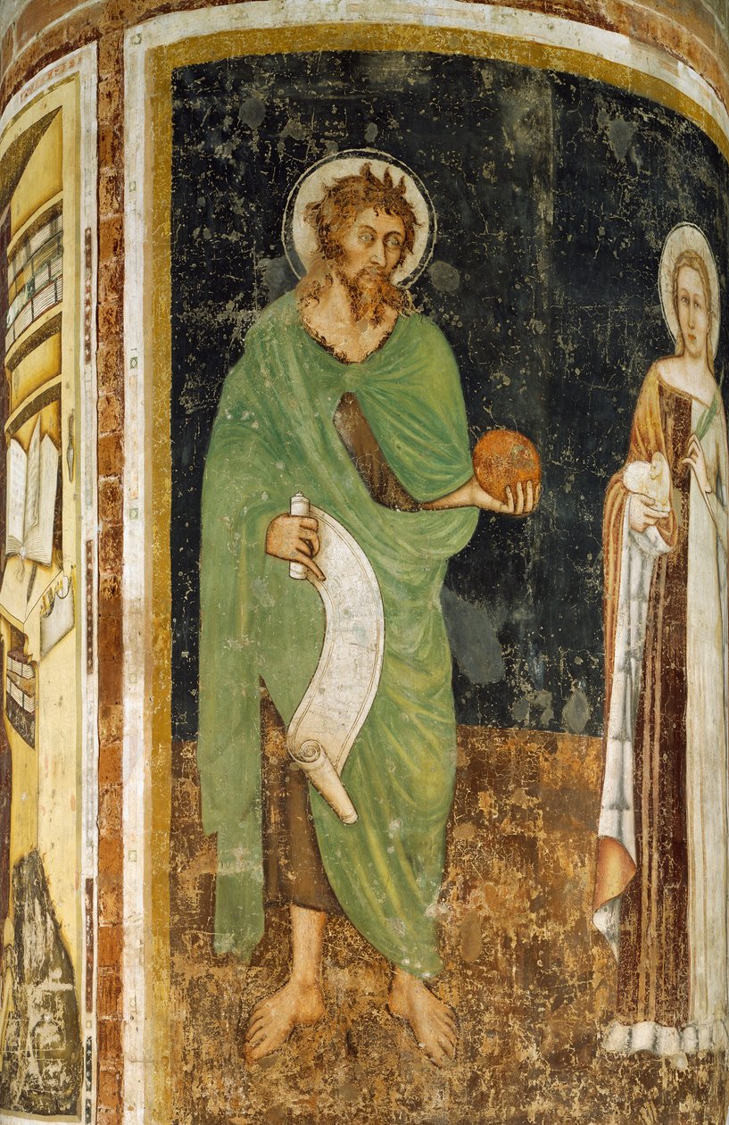Pyhä Agnes ja Johannes Kastaja, yksityiskohta Tommaso da Modenan (1325 tai 1326-ennen 1379) koristamasta pylväästä, fresko, Pyhän Nikolauksen kirkko, Treviso, Italia tekijältä Tomaso da (late 15th century) Modena