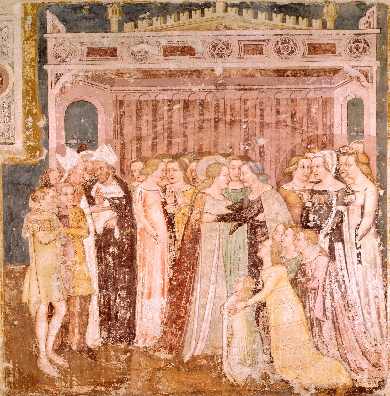 Jäähyväiset, yksityiskohta Tommaso da Modenan (1326-1379) Legend of St Ursulasta, fresko, Santa Caterinan kirkko, Treviso tekijältä Tomaso da (late 15th century) Modena