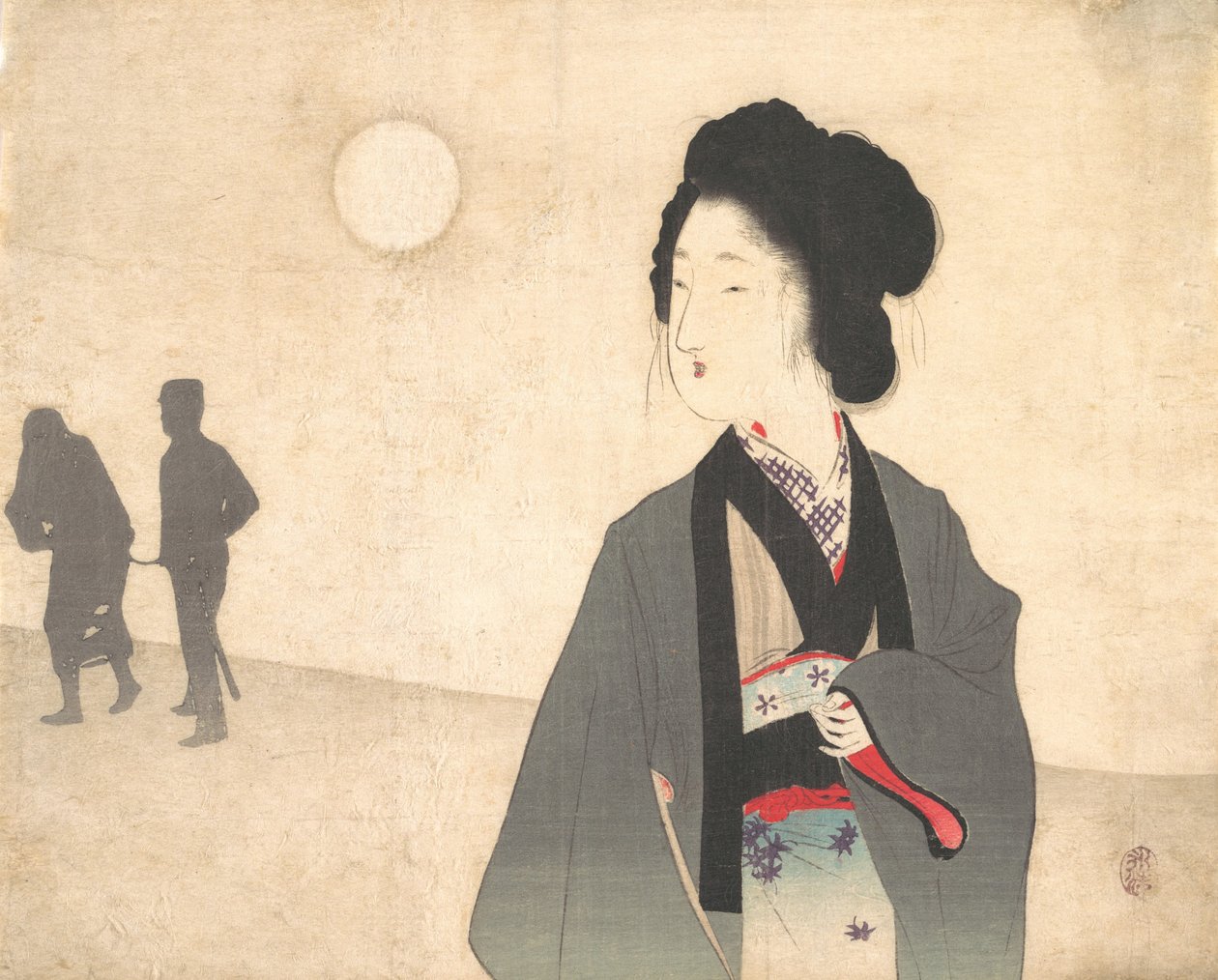 Nuori nainen katselee karkuun johdetun miesvangin siluettia 1900-luvun alussa. tekijältä Tomioka Eisen
