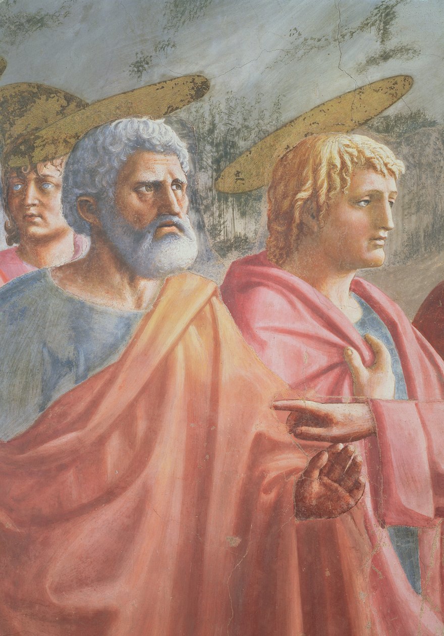 Kunniarahat: Pyhä Pietari, jonka Kristus käski pyydystämään kalan, myös evankelista Pyhä Johannes, n. 1427 tekijältä Tommaso Masaccio