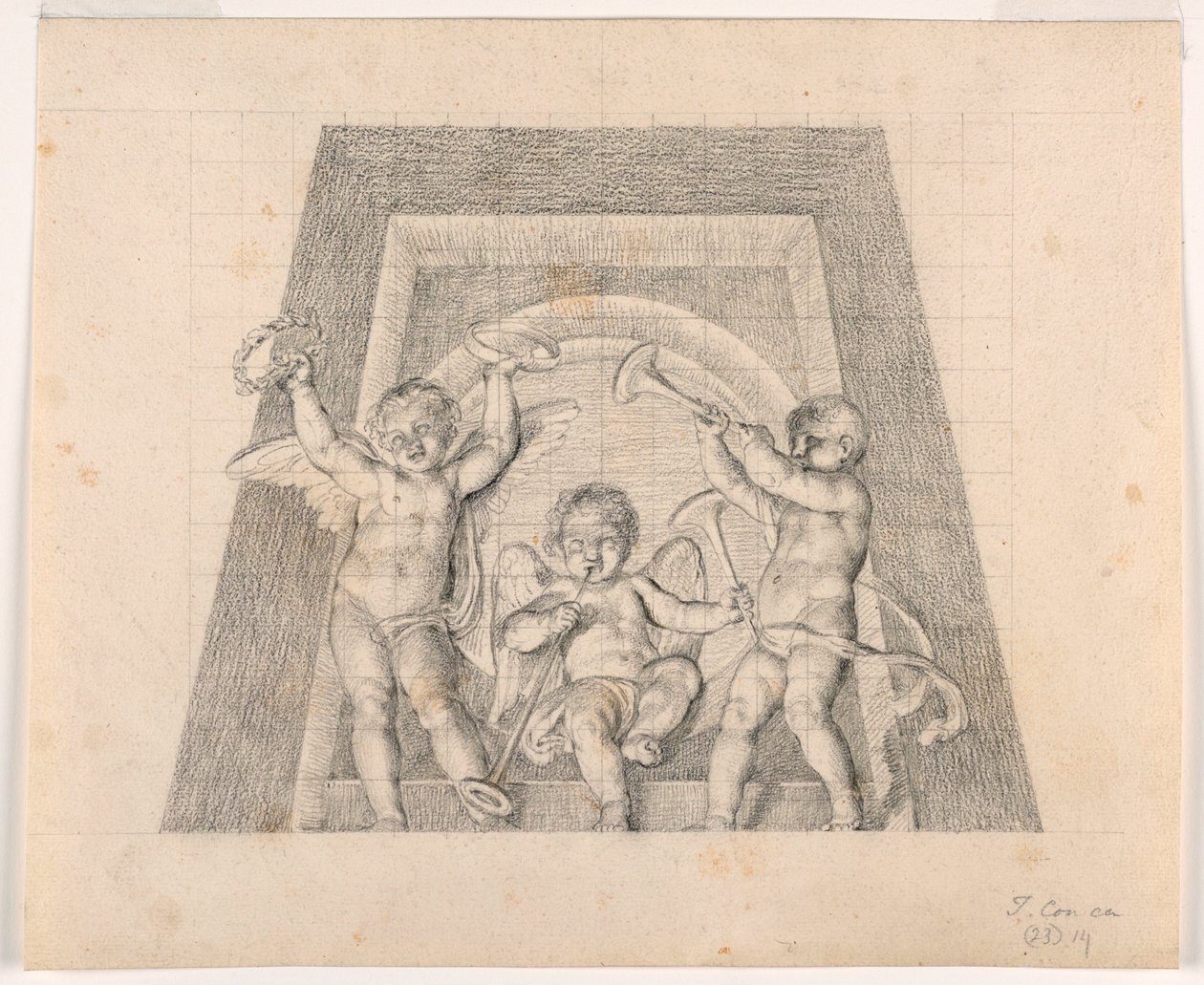 Kolme puttia trumpettien kanssa, suunnittelu Sala delle Musen Lunettelle, Pio-Clementino-museo, Vatikaani tekijältä Tommaso Maria Conca