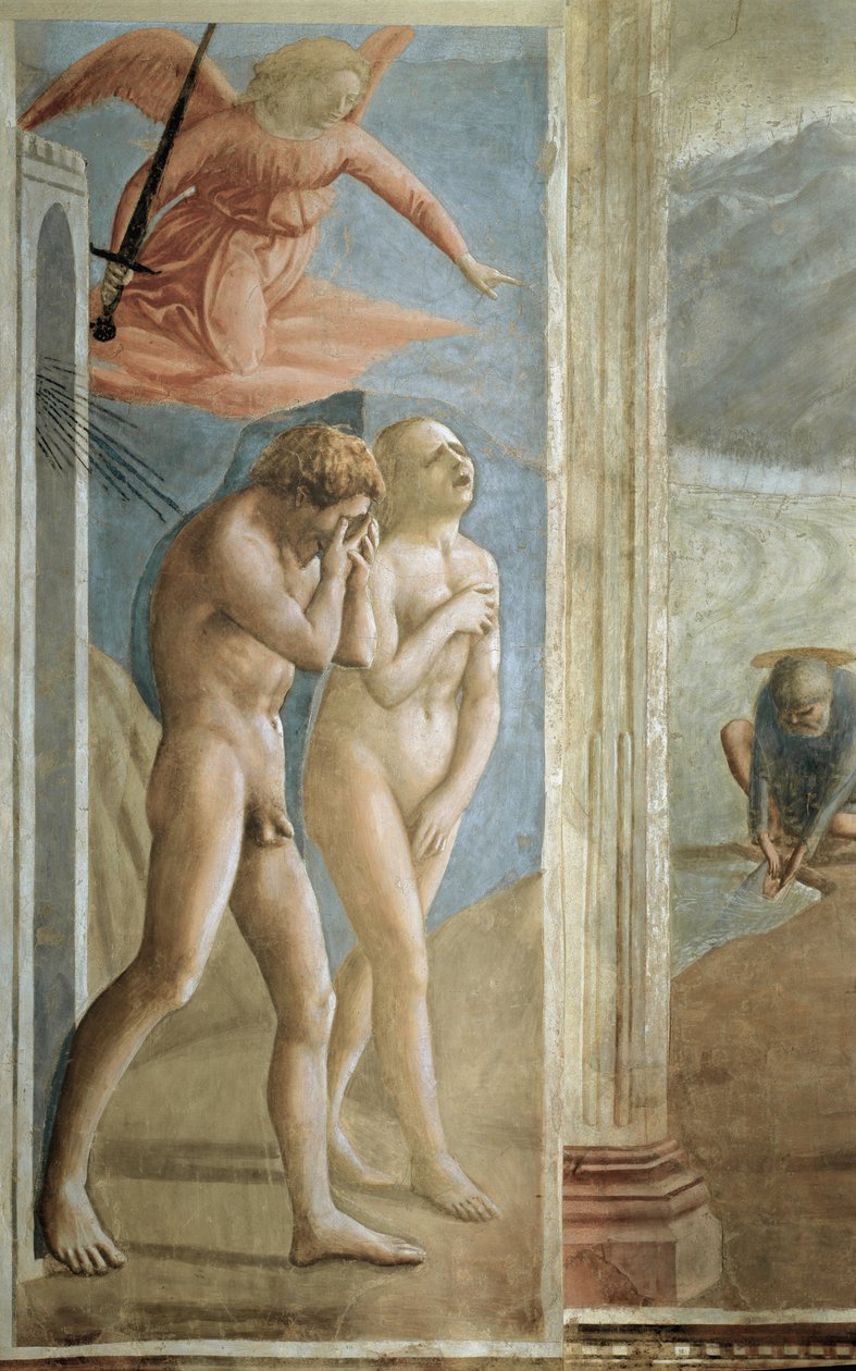 Karkottaminen Eedenin puutarhasta (La Cacciata) - Aatami ja Eeva metsästävät Eedenin puutarhasta - Fresko Tommaso di ser Giovanni di Mone Cassai dit Masaccio (1401-1428), 208x88 cm tekijältä Tommaso Masaccio