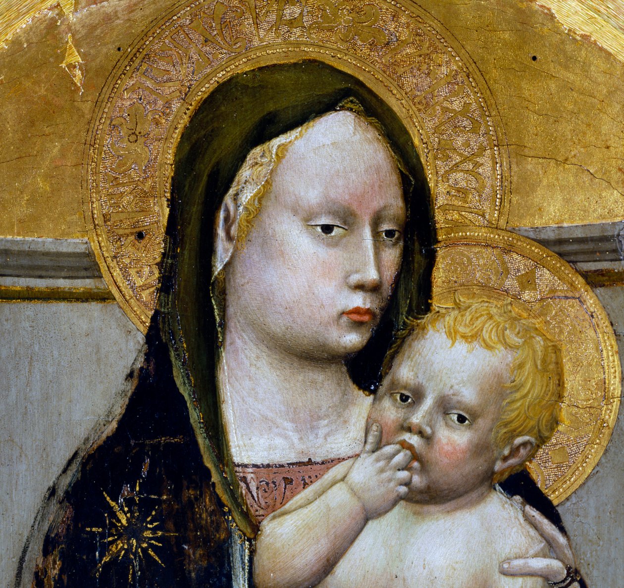 Madonna ja lapsi, yksityiskohta San Giovenalen triptyykistä. tekijältä Tommaso Masaccio