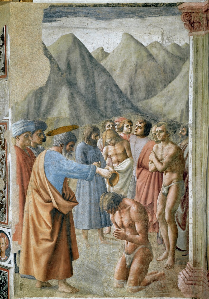 Pyhä Pietari kastaa neofyyttejä (Pyhä Pietari kastaa neofyyttejä) Masaccion (Tommaso di ser Giovanni di Mone Cassai) fresko (1401-1428) 1425-1427 Koko 229,9x161,9 cm Firenzen Santa Maria del Carmine kirkko, Branc tekijältä Tommaso Masaccio