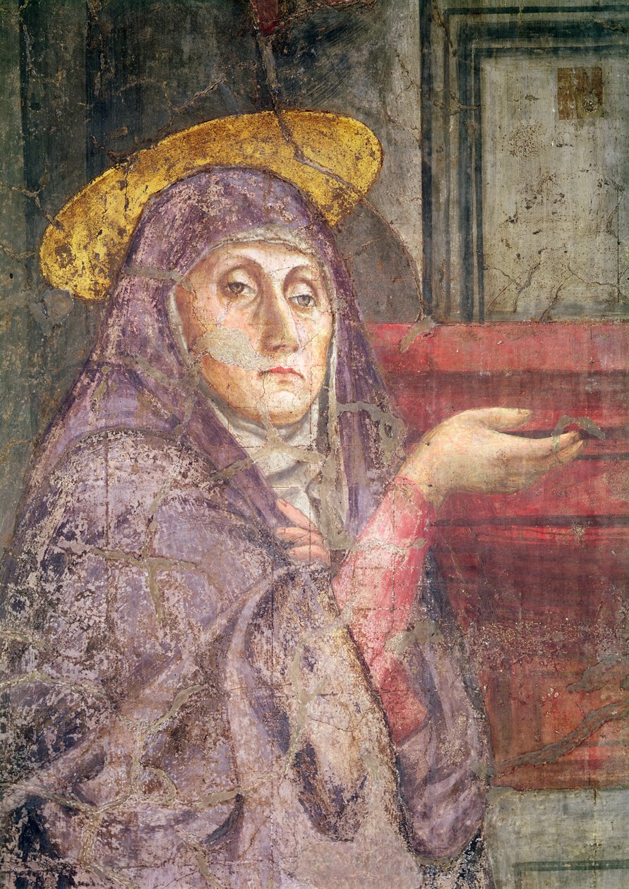 Pyhä kolminaisuus, yksityiskohta Neitsyt Marian päästä, 1427-28 (yksityiskohta 173689) tekijältä Tommaso Masaccio