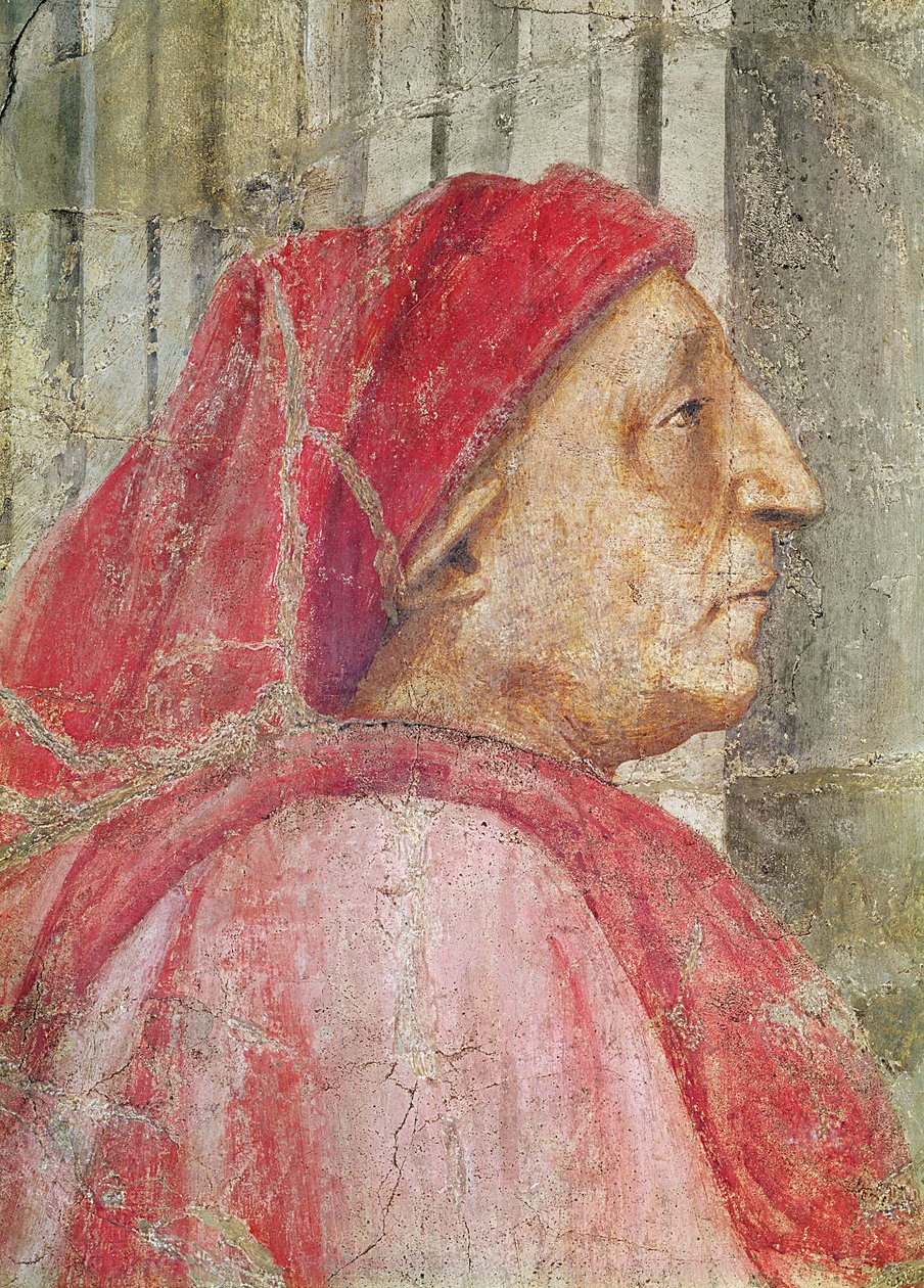 Pyhä kolminaisuus, yksityiskohta miespuolisen lahjoittajan päästä, 1427-28 freskon yksityiskohta vuodelta 173689 tekijältä Tommaso Masaccio