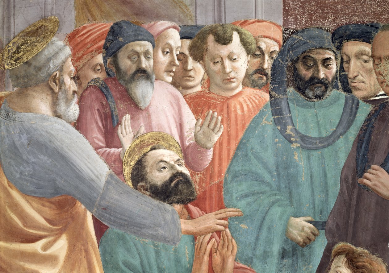 Antiokian kuninkaan Teofiluksen pojan ylösnousemus Yksityiskohta SS. Pietari ja Paavali ja kasvot väkijoukossa, noin 1427, fresko ks. myös 63302. tekijältä Tommaso Masaccio